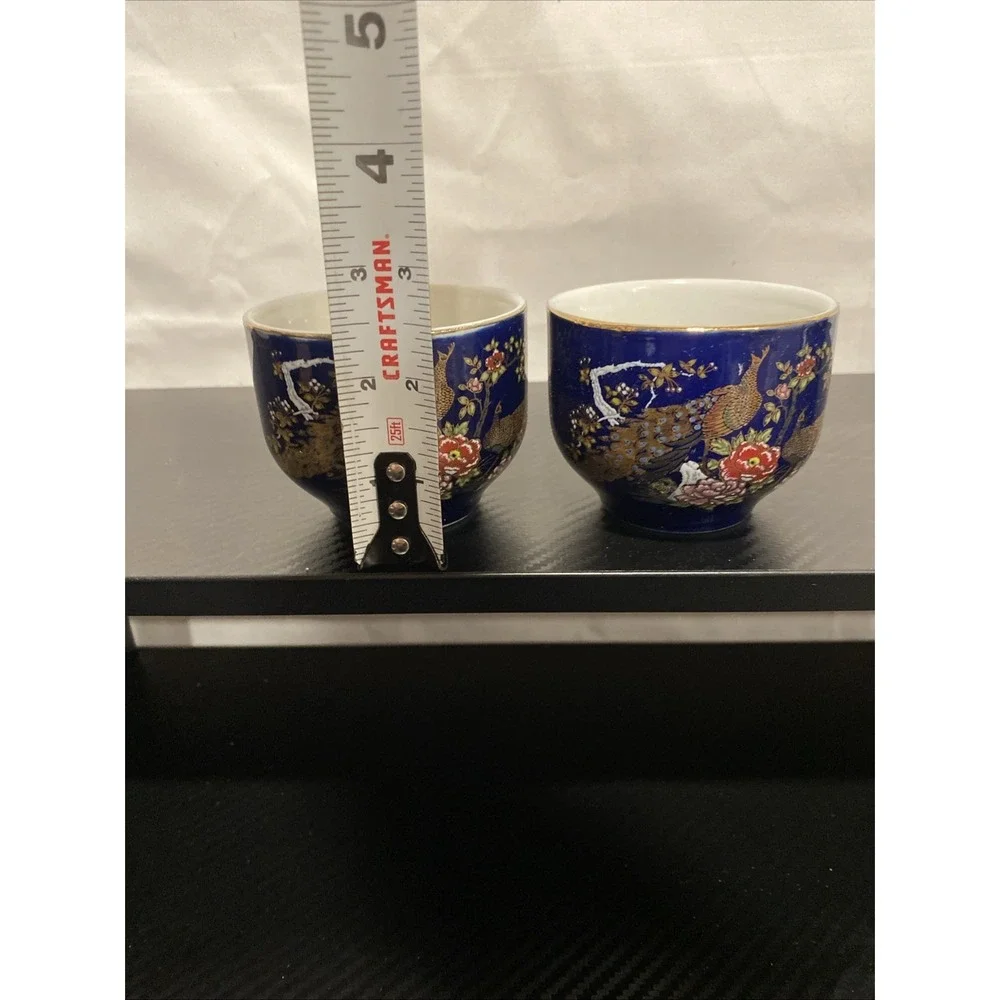Set Of 2 Japanese Blue Porcelain Peacock Tea Cups